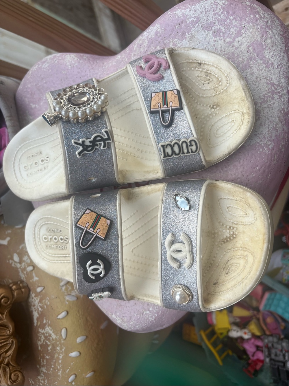 CROCS Silver Glitter Slide Sandals with Decorative Charms